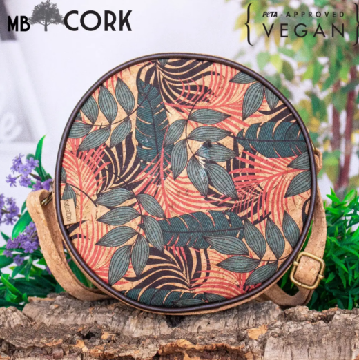 Round Cork Crossbody Bag with Tropical print| Made with Cork Fabric -1