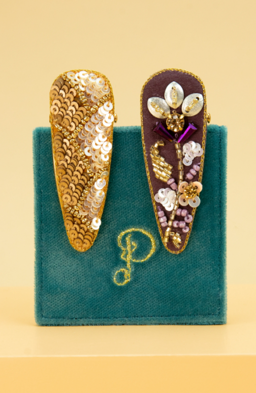 Jewelled Hair Clips (Pack of 2) - Mulberry/Gold