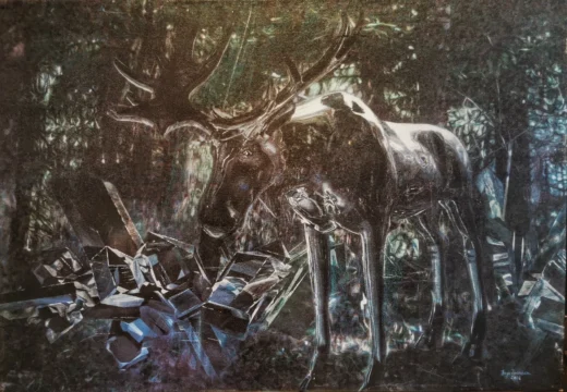 A dark moose standing in the forest in the evening. The moose is somewhat twisted and deformed. But he seems to enjoy the crystals on his right side.