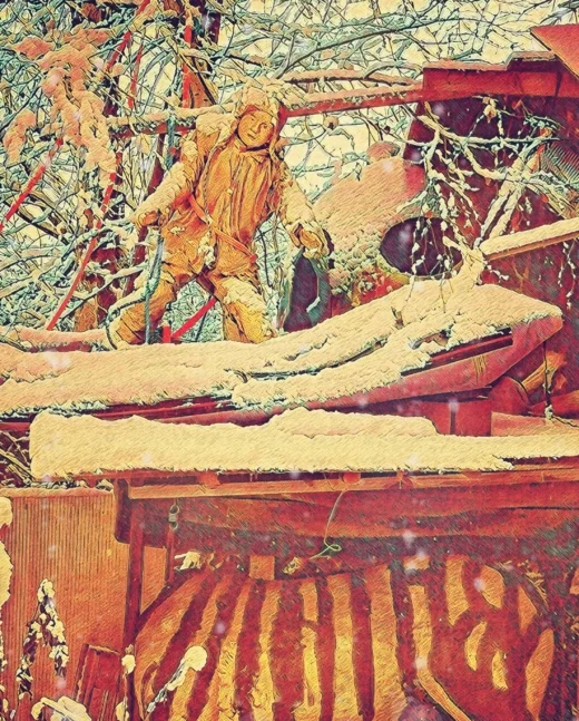 A winter scene. A sculpture in a Hamar garden, shows a golden Greta Thunberg statue in a boat.