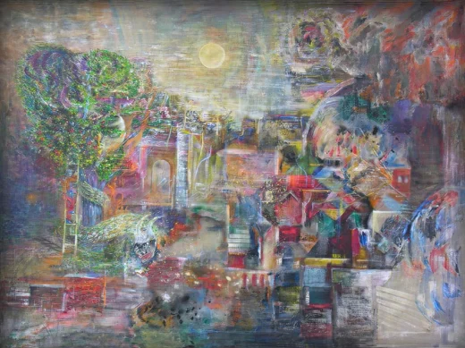 A strange mixture of an urban landscape with a shining full moon. On the left side a young person climbs on a ladder.Maybe in order to pick some apples from the apple tree. A painting on linen canvas.