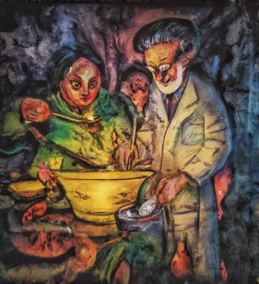 Two weird persons checking out and stirring in a soup bowl. The lighting is artificial and the coloring mystic.