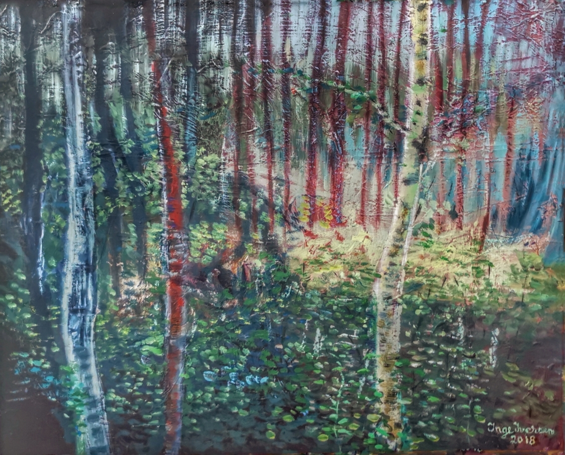 Young birch trees in the woods early in spring. Oilpainting on plate.