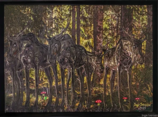 Several dark moose standing in a dark forest. On the ground certain mushrooms