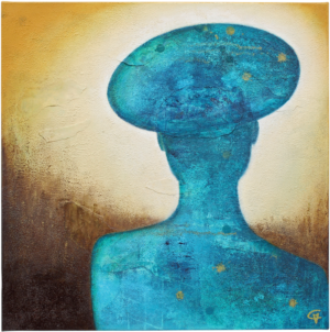 Lady sings the blues – She sincerely enjoys your company, you know that’s true, yet too much socializing will make her blue. (#6049), 50 x 50 x 3 cm, acrylics & mixed media on artificial linen canvas, by Carolina Gårdheim, 2022