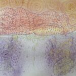 "Wisdom given in dreams" A figure sleeping, two legs, in the shape as heads are supporting the bed.