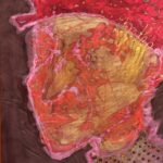 textile colors on silk lining on cardboard, stone collage 81,5X92 CM