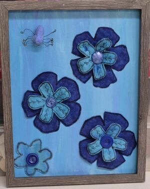 Blue fabric Flowers with Whimsical Clay Spider