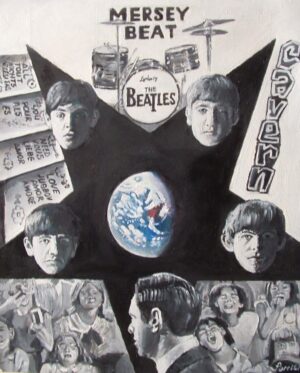 "Beatlemania" original oil painting on hardboard size 16in x 12in portrait m,ontage copyright 2008