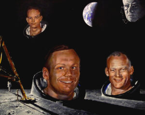 "Monuments on the Moon" original oil painting on hardboard size 20in x 16in (50cm x 40cm) portrait montage copyright 2012